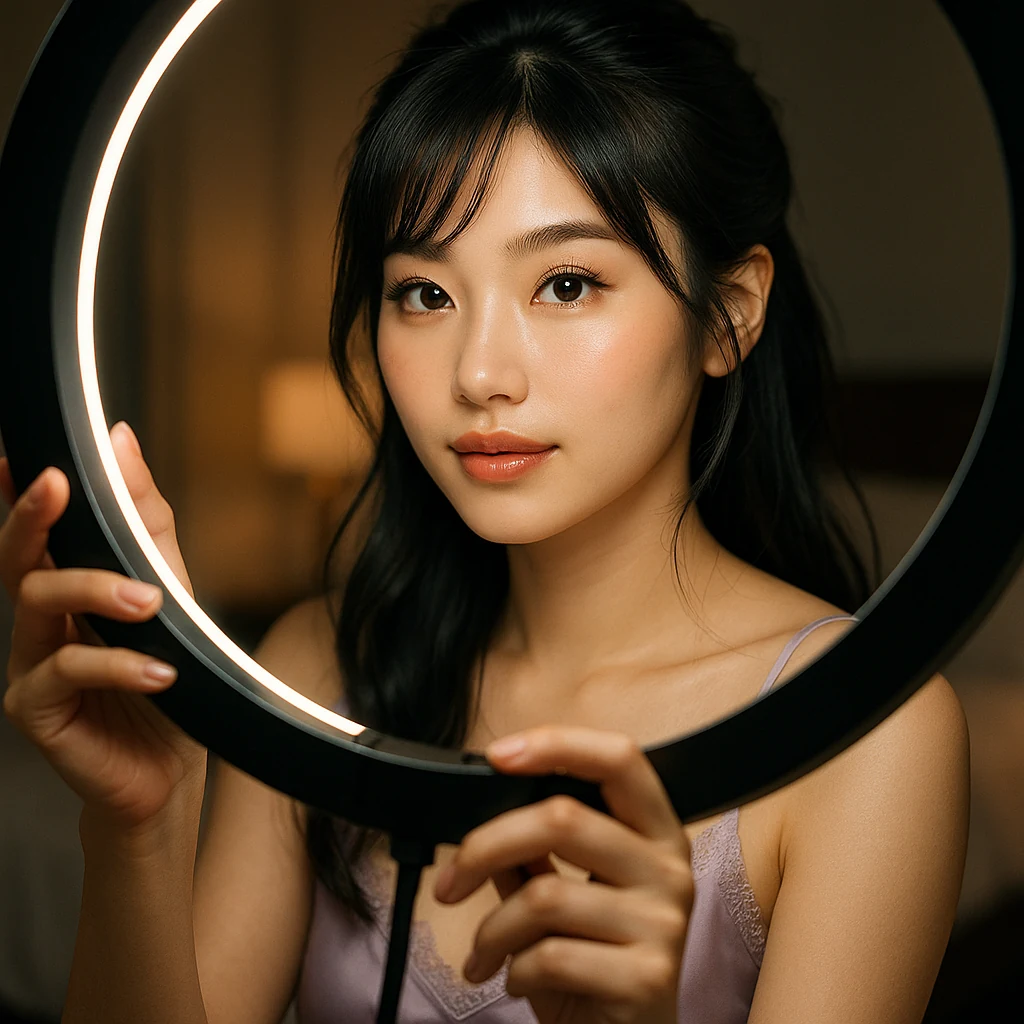 配信前にリングライトを調整している女性